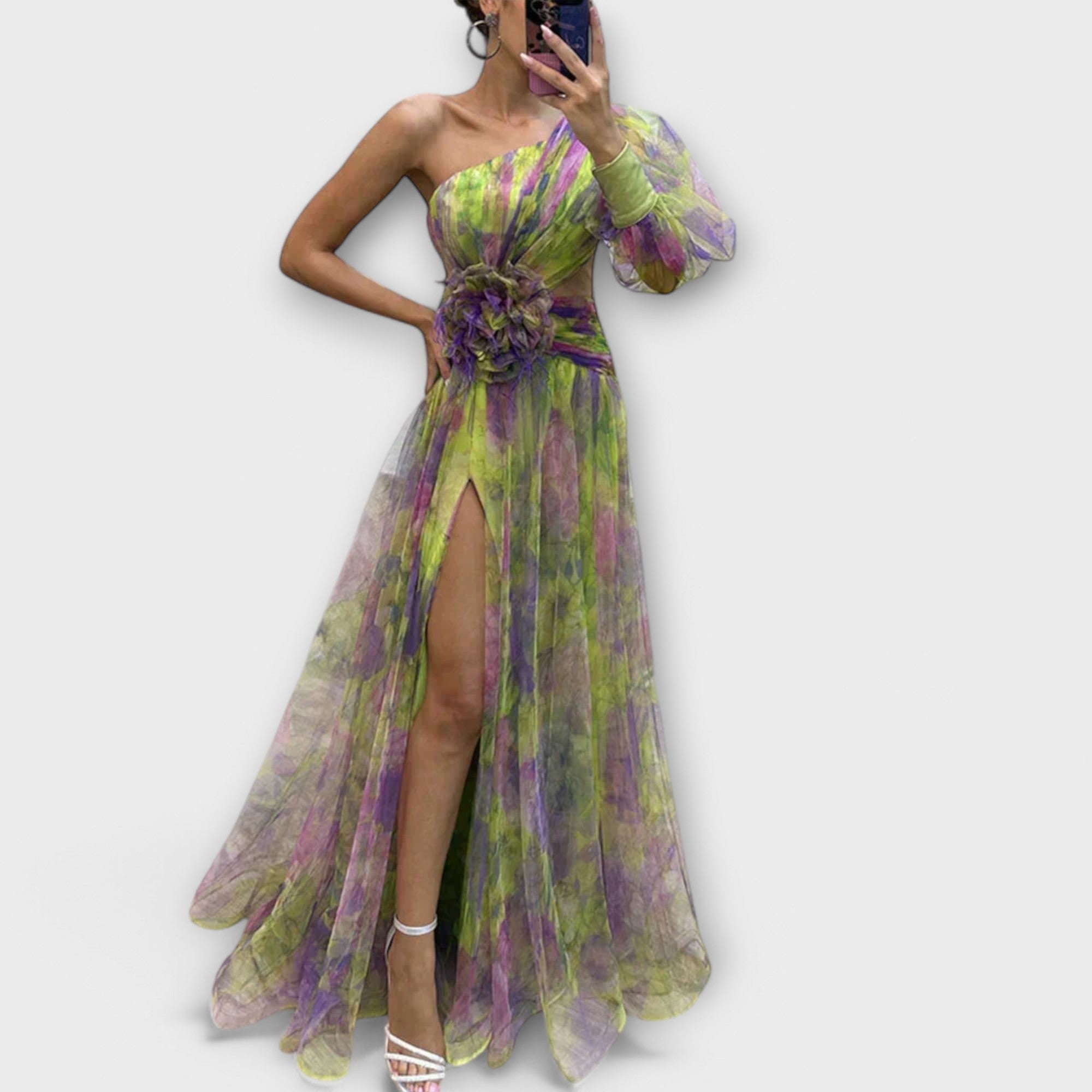 Elegant evening dress with one shoulder strap and tailored cut
