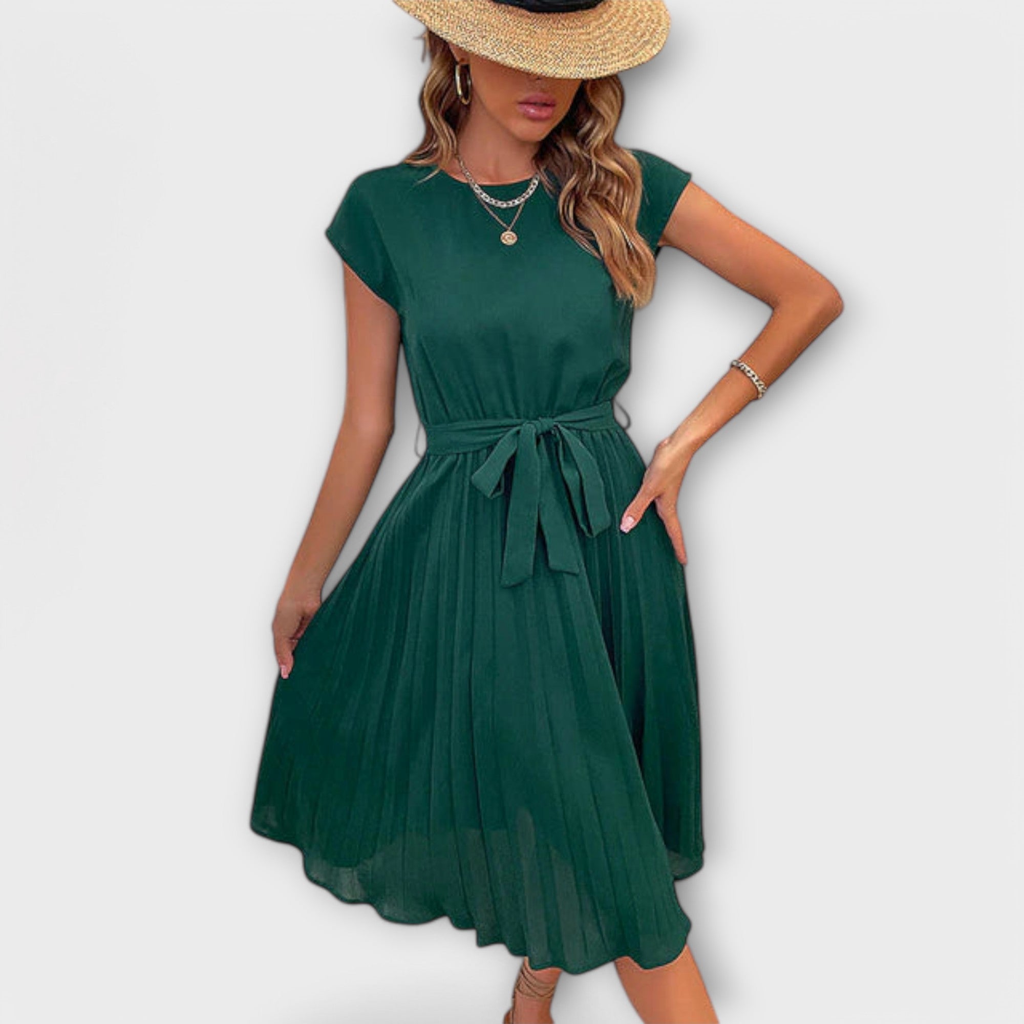 Claire - Short-Sleeved, Pleated, Casual Mini Dress