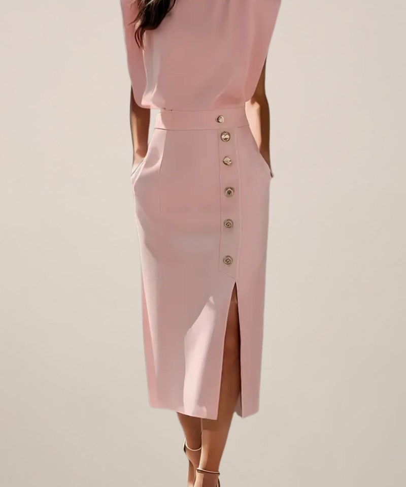 Elegant Midi Dress with Button Detail and Side Slit