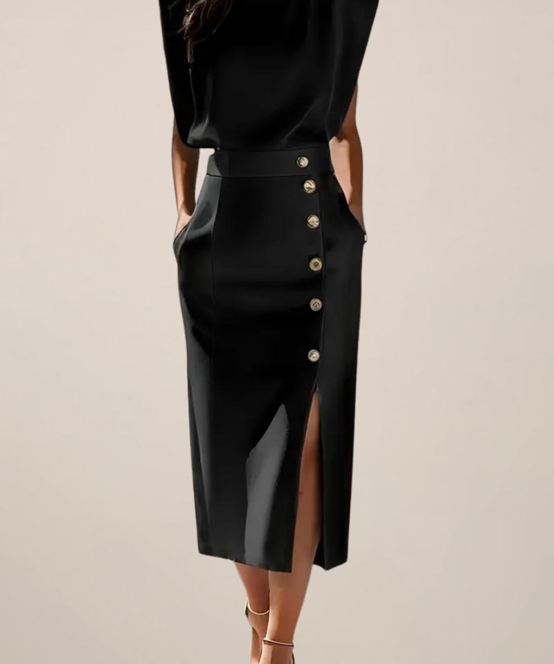 Elegant Midi Dress with Button Detail and Side Slit